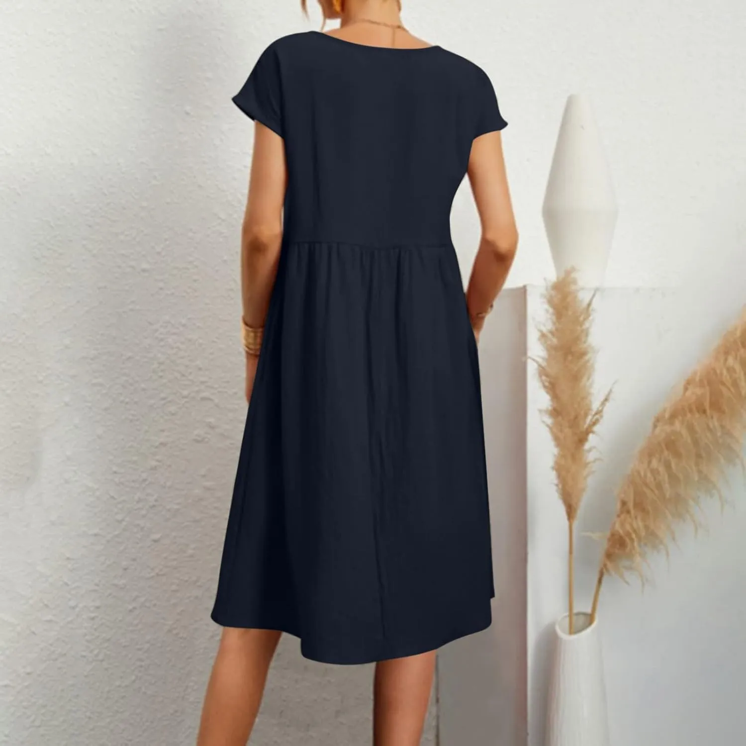 Women's Cotton Linen Dress Solid Color Crew Neck Short Sleeve Dresses Summer Beach Casual Fashion 2025 Midi Dress