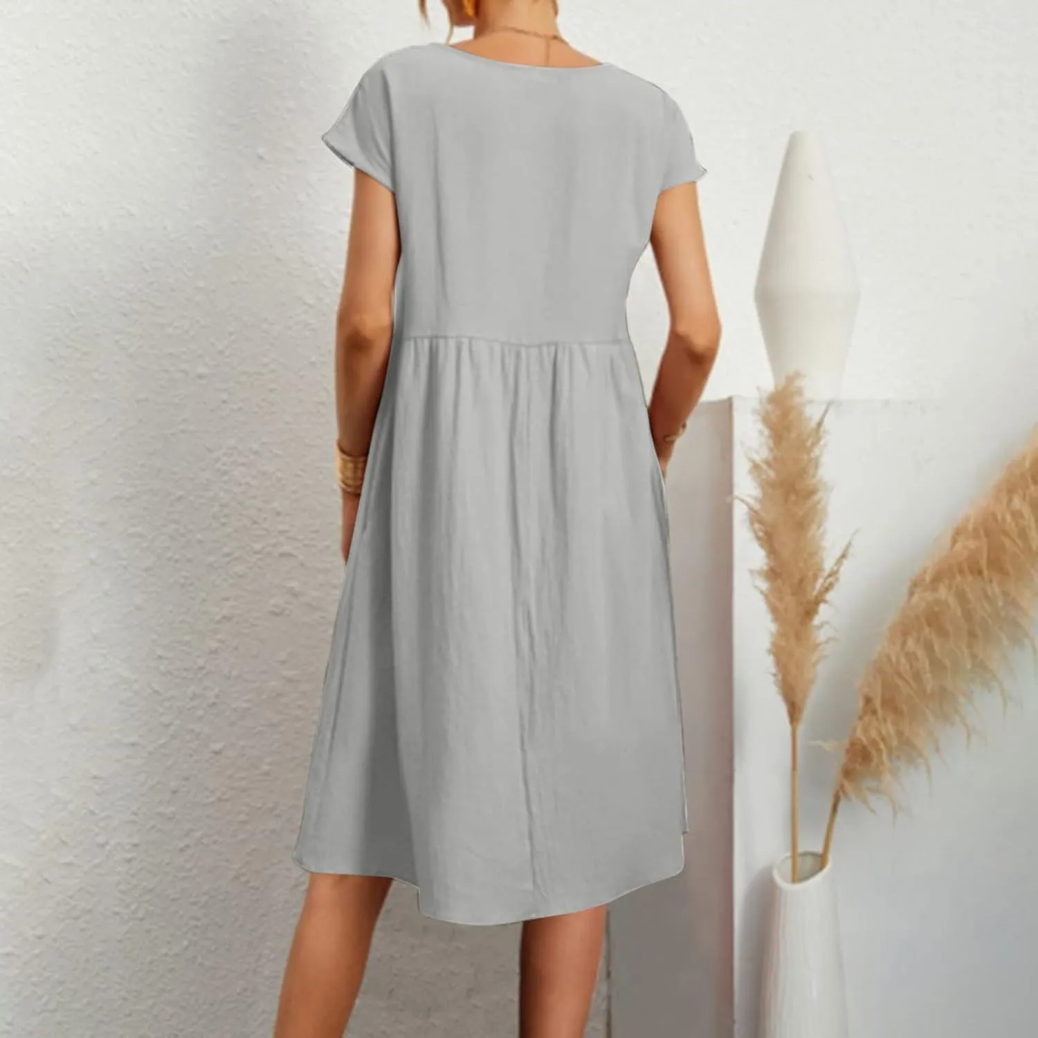 Women's Cotton Linen Dress Solid Color Crew Neck Short Sleeve Dresses Summer Beach Casual Fashion 2025 Midi Dress