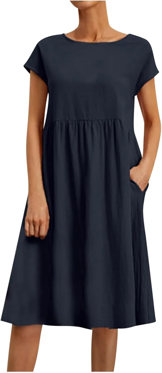 Women's Cotton Linen Dress Solid Color Crew Neck Short Sleeve Dresses Summer Beach Casual Fashion 2025 Midi Dress