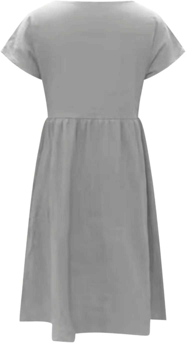 Women's Cotton Linen Dress Solid Color Crew Neck Short Sleeve Dresses Summer Beach Casual Fashion 2025 Midi Dress