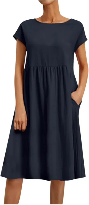 Women's Cotton Linen Dress Solid Color Crew Neck Short Sleeve Dresses Summer Beach Casual Fashion 2025 Midi Dress