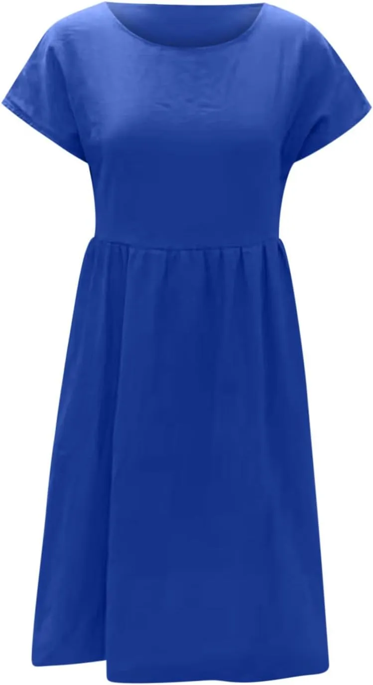 Women's Cotton Linen Dress Solid Color Crew Neck Short Sleeve Dresses Summer Beach Casual Fashion 2025 Midi Dress