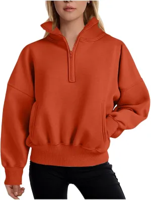 Womens Cropped Hoodies Fashion Solid Lapel Half Zip Up Fall Thick Long Sleeve Pullovers Winter Casual Fashion Tops