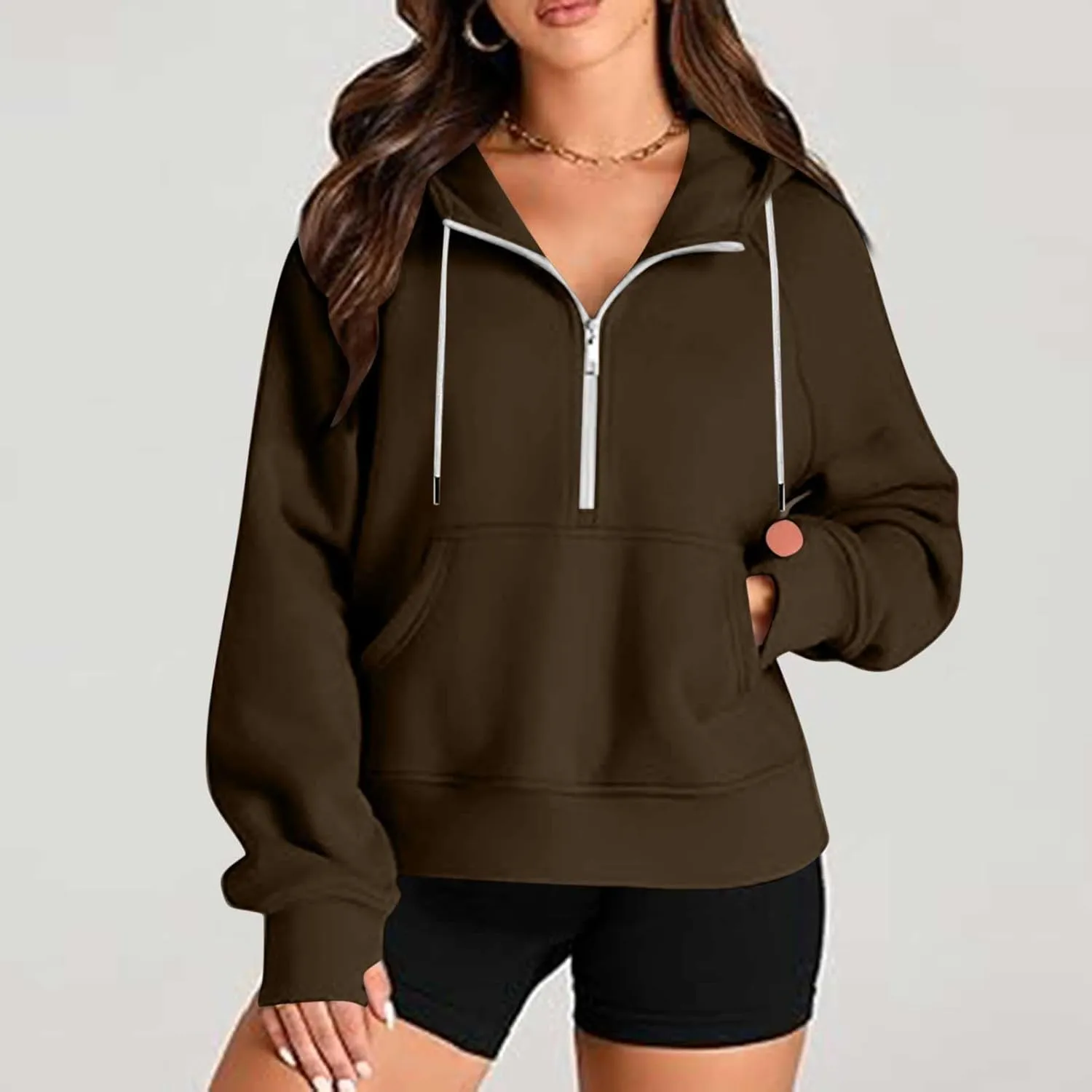 Womens Cropped Hoodies Half Zip Pullover Fall Fashion Quarter Zipper Fleece Sweatshirts 2024 Fall Outfits Thumb Hole