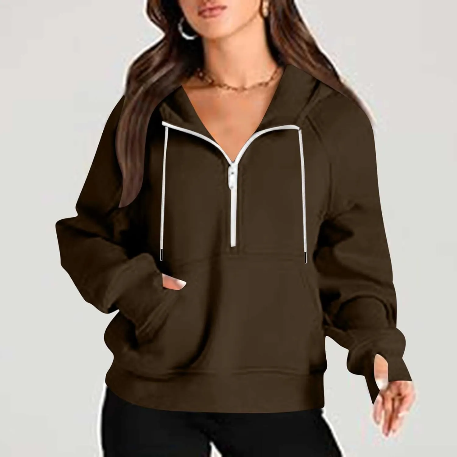 Womens Cropped Hoodies Half Zip Pullover Fall Fashion Quarter Zipper Fleece Sweatshirts 2024 Fall Outfits Thumb Hole