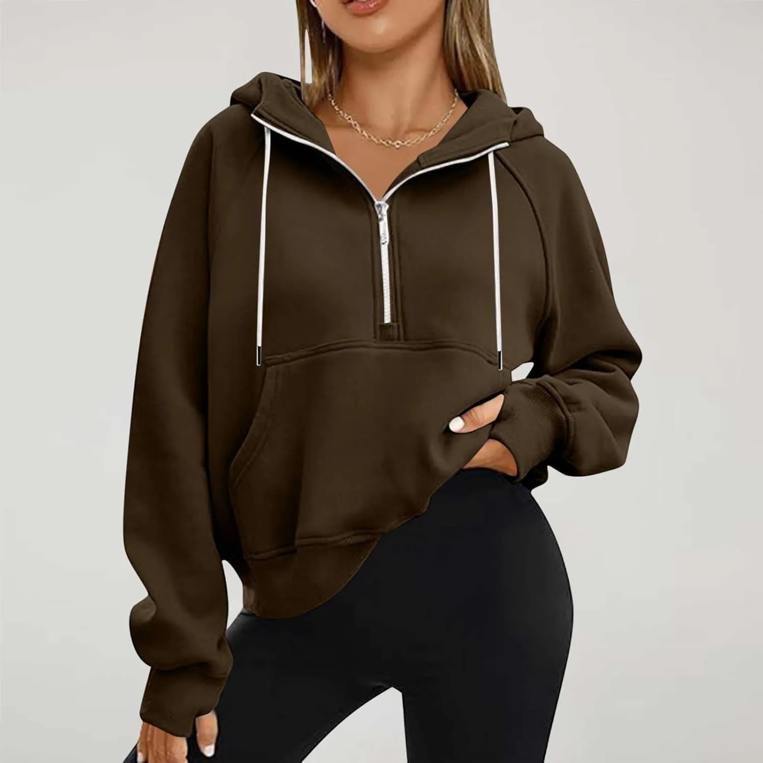 Womens Cropped Hoodies Half Zip Pullover Fall Fashion Quarter Zipper Fleece Sweatshirts 2024 Fall Outfits Thumb Hole