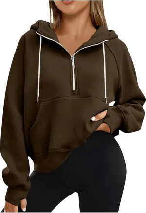 Womens Cropped Hoodies Half Zip Pullover Fall Fashion Quarter Zipper Fleece Sweatshirts 2024 Fall Outfits Thumb Hole