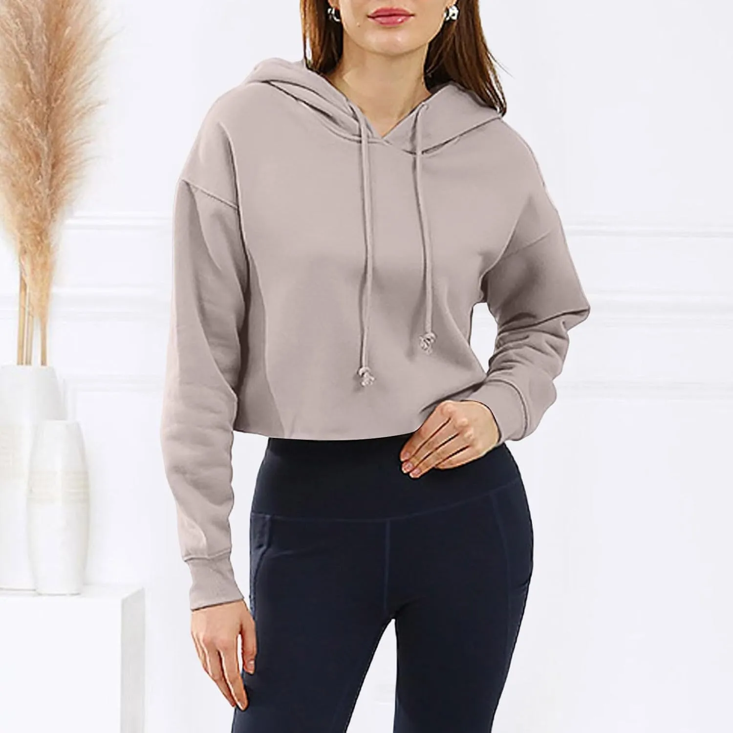 Women's Cropped Sweatshirts Long Sleeve Solid Color Drawstring Crop Top Pullover Fashion Casual Y2K Clothes Hoodies