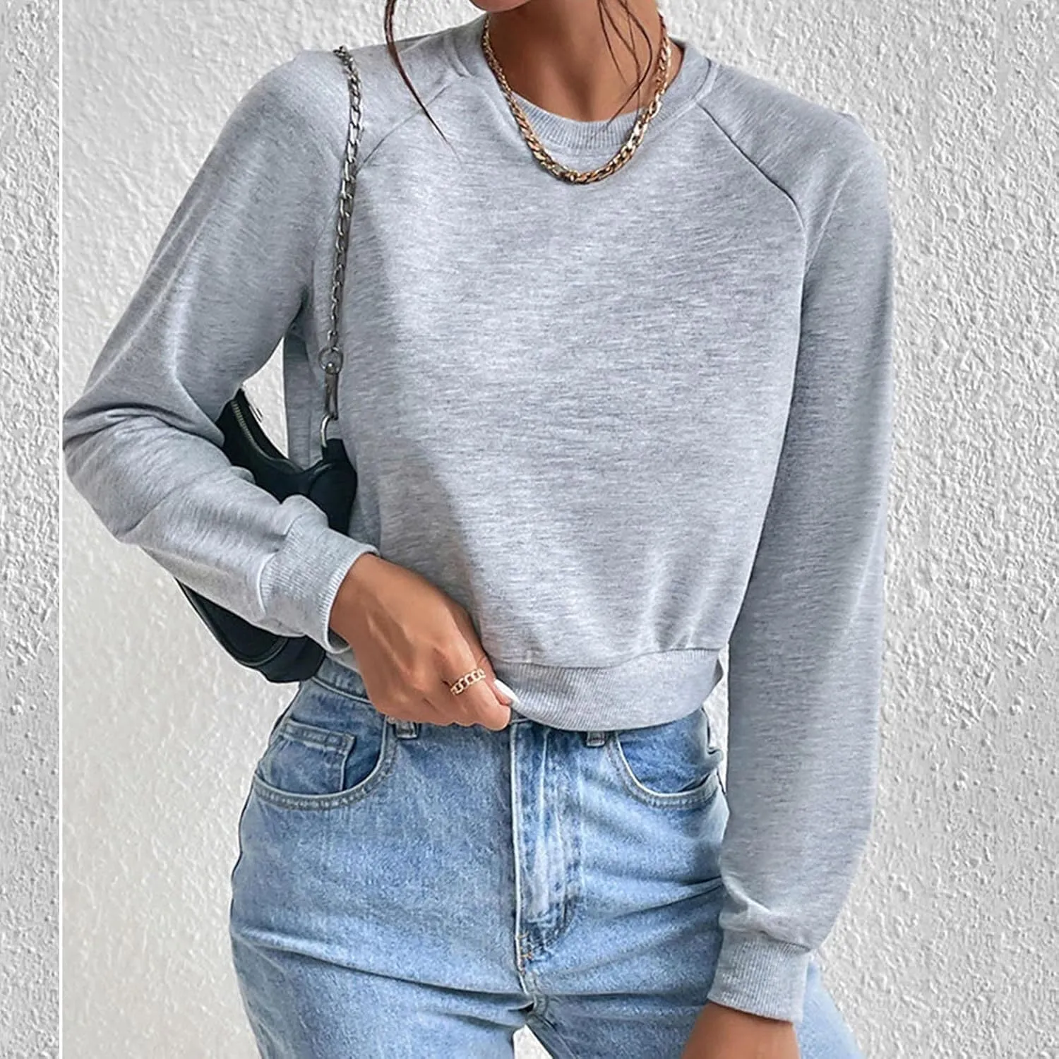 Women's Cropped Sweatshirts Loose Fit Fleece Long Sleeve Casual Pullover Crewneck Workout Fashion Basic Hoodie Tops