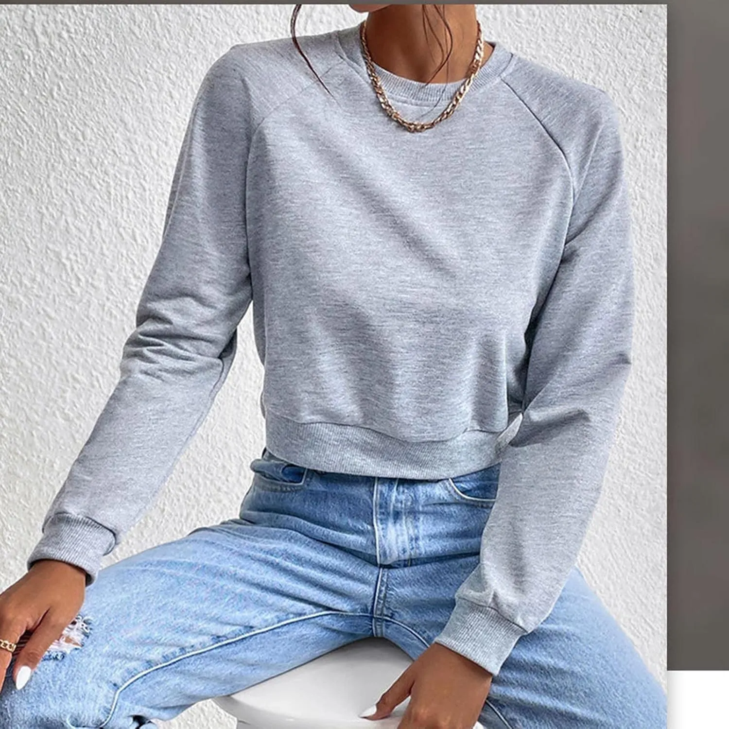 Women's Cropped Sweatshirts Loose Fit Fleece Long Sleeve Casual Pullover Crewneck Workout Fashion Basic Hoodie Tops