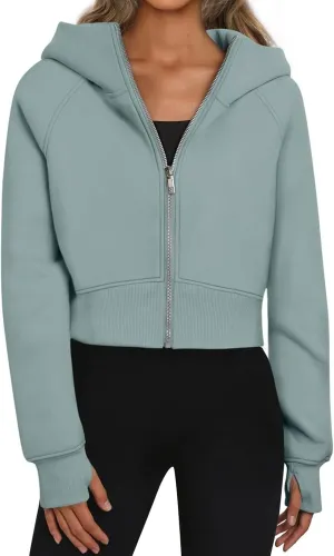 Womens Cropped Zip Up Hoodies Fleece Fall Outfits Casual Comfy Y2k Tops Winter Jackets Sweatshirts Clothes