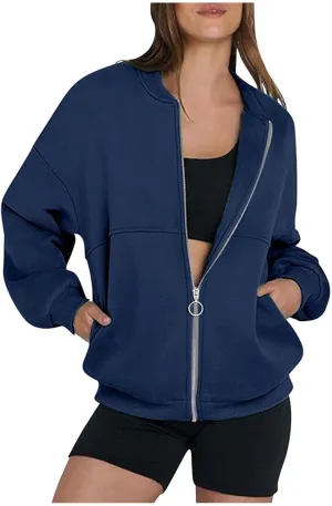 Womens Cropped Zip Up Hoodies Jackets Cardigan Sweatshirts Long Sleeve Casual Loose Fit Outwear with Pockets