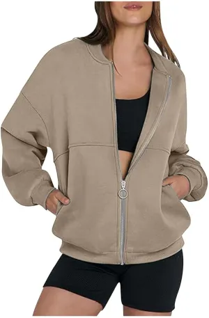 Womens Cropped Zip Up Hoodies Jackets Cardigan Sweatshirts Long Sleeve Casual Loose Fit Outwear with Pockets