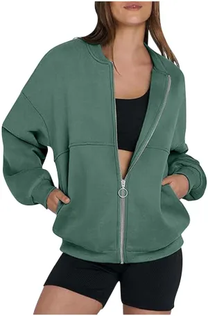 Womens Cropped Zip Up Hoodies Jackets Cardigan Sweatshirts Long Sleeve Casual Loose Fit Outwear with Pockets