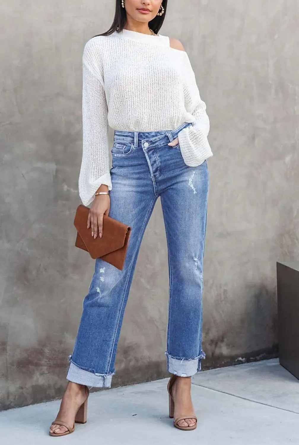 Womens Denim Cargo Pants Flap Pocket High Waisted Stretchy Straight Wide Leg Jeans