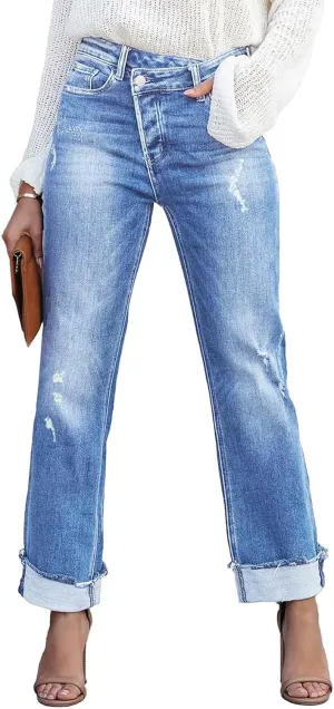 Womens Denim Cargo Pants Flap Pocket High Waisted Stretchy Straight Wide Leg Jeans