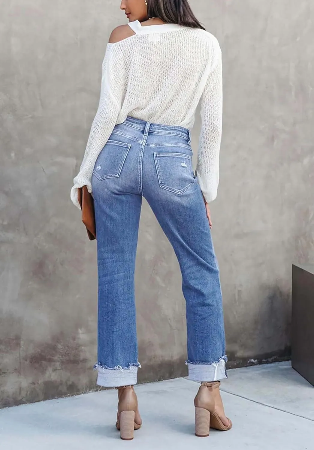 Womens Denim Cargo Pants Flap Pocket High Waisted Stretchy Straight Wide Leg Jeans