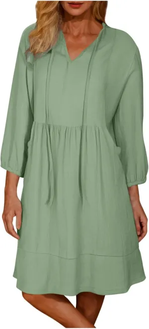 Womens Drawstring V Neck Long Sleeve Dresses Summer Casual 3/4 Sleeve Flowy Mini Dress Simple A Line Shift Dress