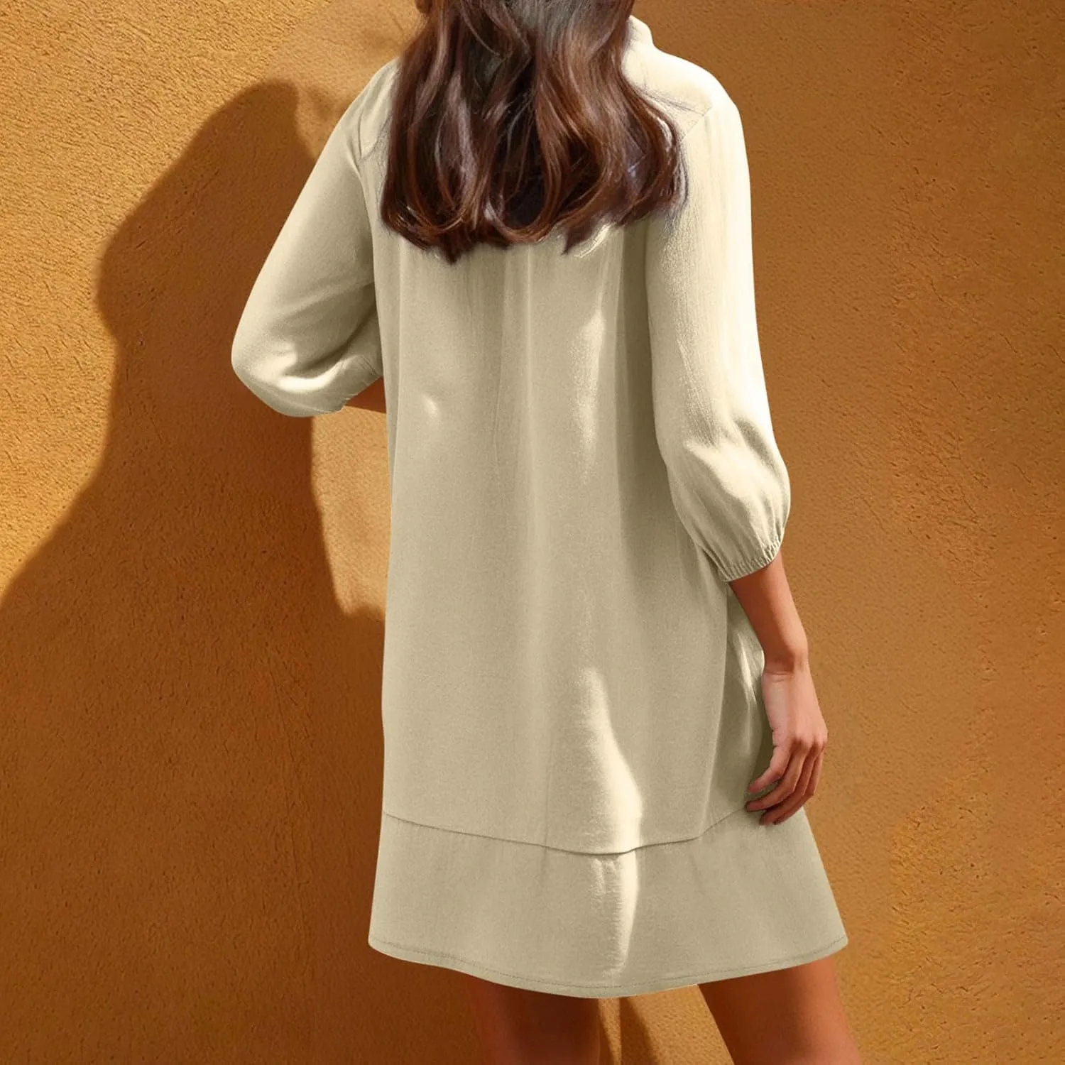 Womens Drawstring V Neck Long Sleeve Dresses Summer Casual 3/4 Sleeve Flowy Mini Dress Simple A Line Shift Dress