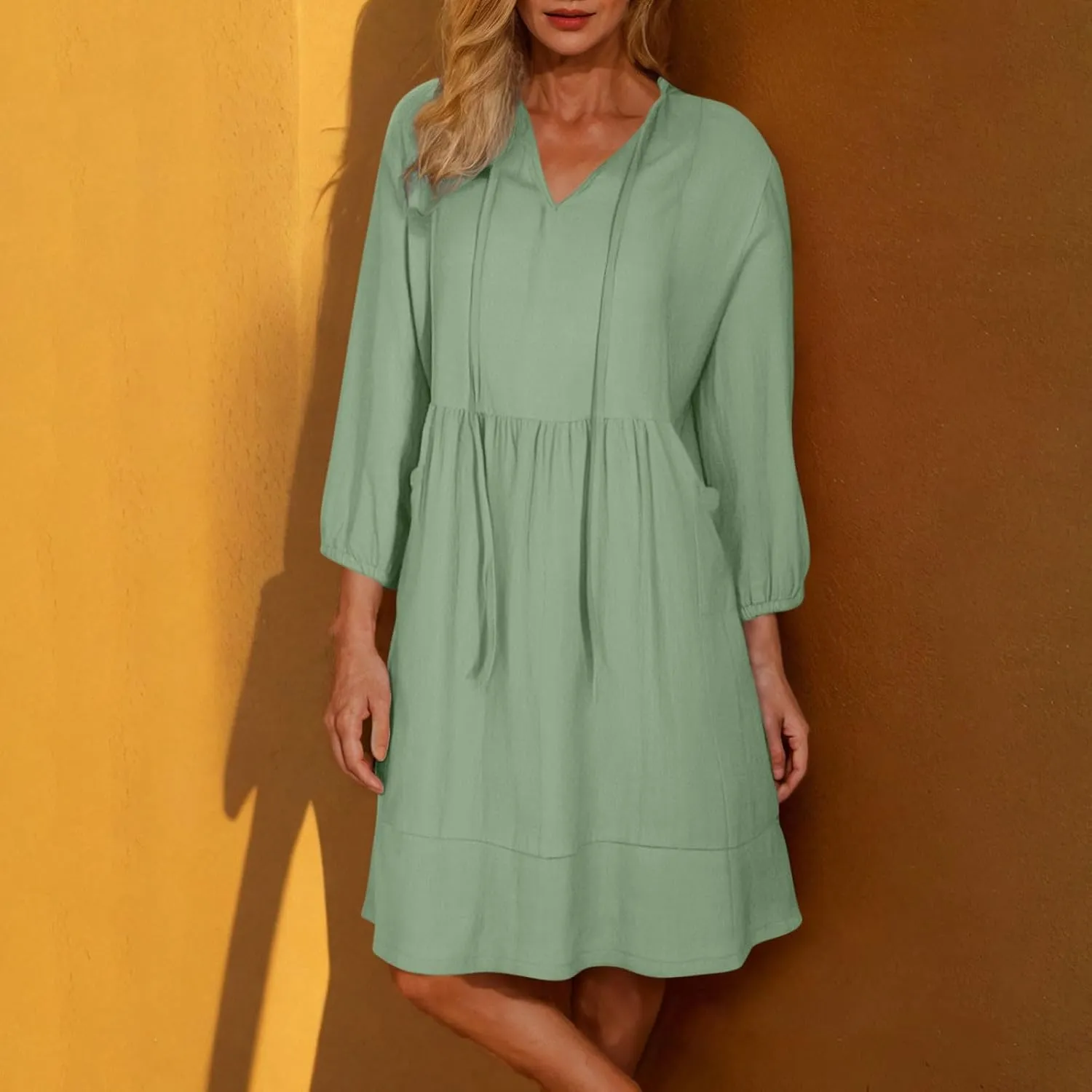Womens Drawstring V Neck Long Sleeve Dresses Summer Casual 3/4 Sleeve Flowy Mini Dress Simple A Line Shift Dress