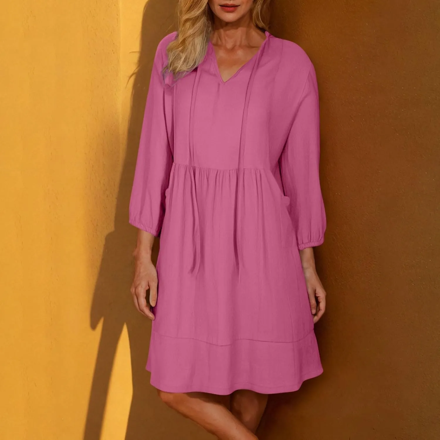 Womens Drawstring V Neck Long Sleeve Dresses Summer Casual 3/4 Sleeve Flowy Mini Dress Simple A Line Shift Dress