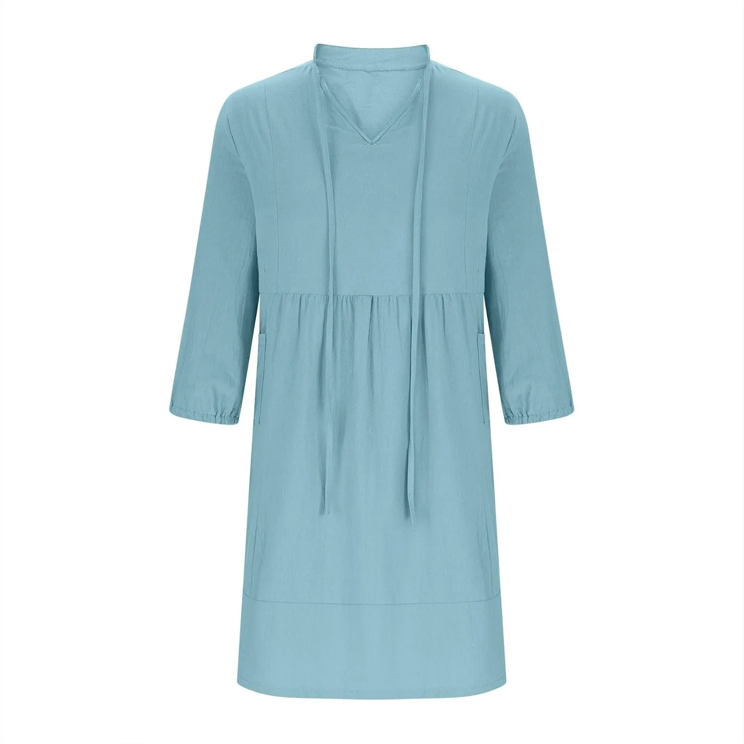 Womens Drawstring V Neck Long Sleeve Dresses Summer Casual 3/4 Sleeve Flowy Mini Dress Simple A Line Shift Dress