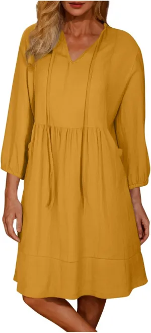 Womens Drawstring V Neck Long Sleeve Dresses Summer Casual 3/4 Sleeve Flowy Mini Dress Simple A Line Shift Dress