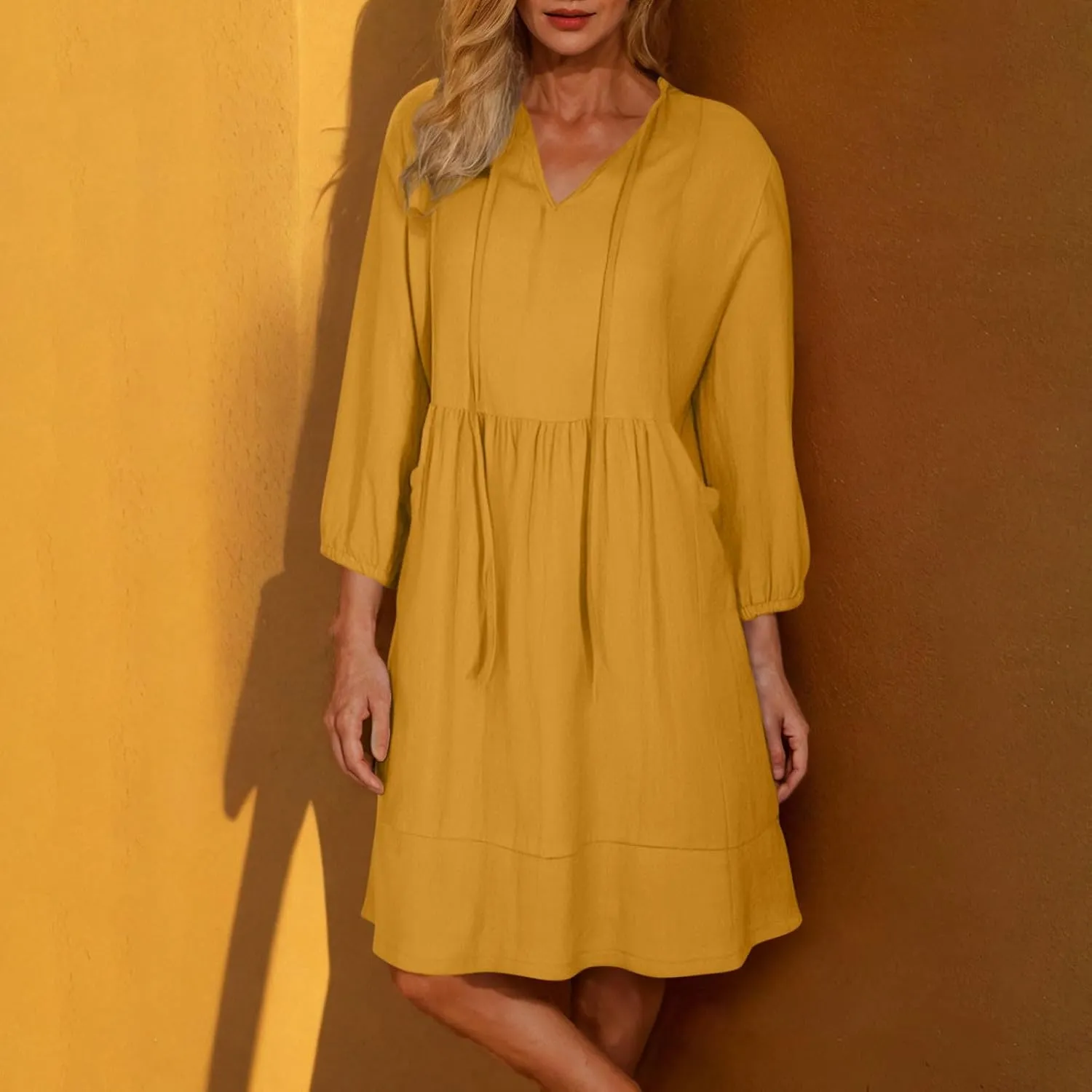 Womens Drawstring V Neck Long Sleeve Dresses Summer Casual 3/4 Sleeve Flowy Mini Dress Simple A Line Shift Dress