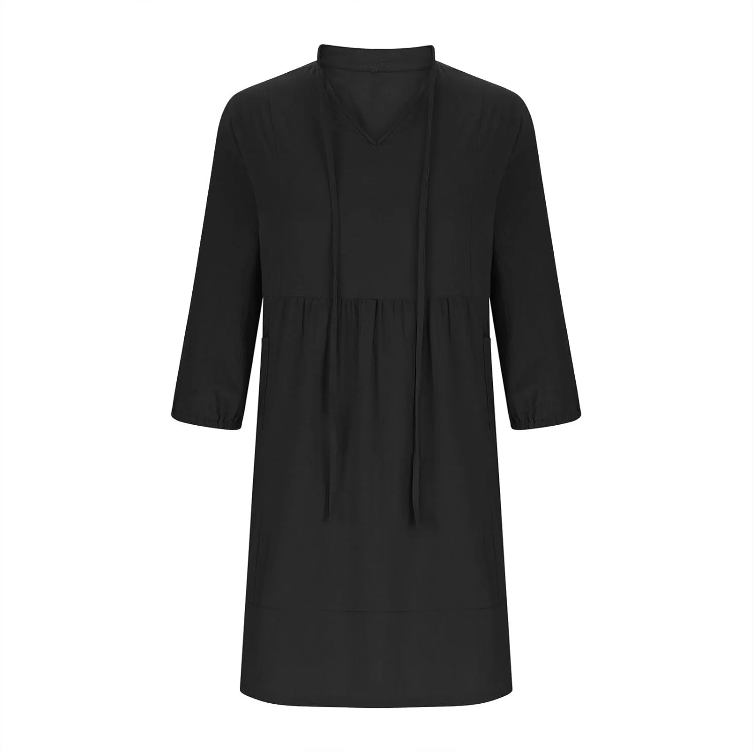 Womens Drawstring V Neck Long Sleeve Dresses Summer Casual 3/4 Sleeve Flowy Mini Dress Simple A Line Shift Dress