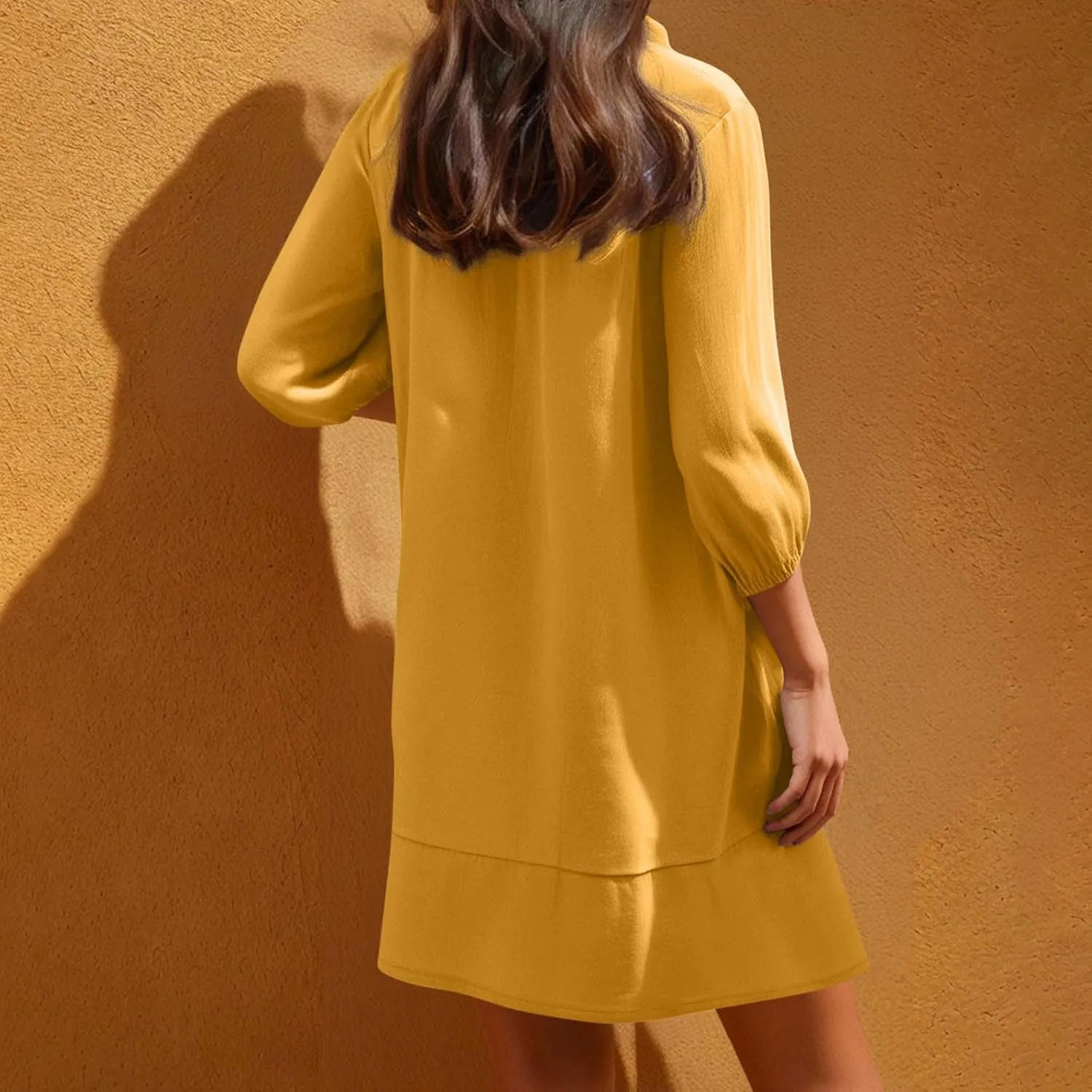 Womens Drawstring V Neck Long Sleeve Dresses Summer Casual 3/4 Sleeve Flowy Mini Dress Simple A Line Shift Dress