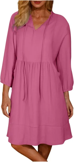 Womens Drawstring V Neck Long Sleeve Dresses Summer Casual 3/4 Sleeve Flowy Mini Dress Simple A Line Shift Dress