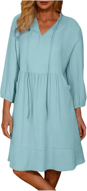 Womens Drawstring V Neck Long Sleeve Dresses Summer Casual 3/4 Sleeve Flowy Mini Dress Simple A Line Shift Dress
