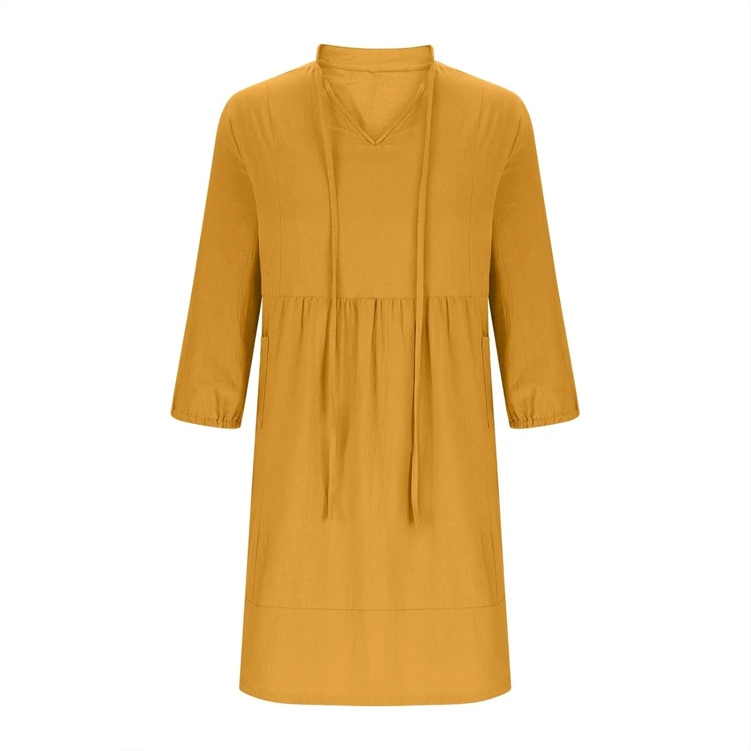 Womens Drawstring V Neck Long Sleeve Dresses Summer Casual 3/4 Sleeve Flowy Mini Dress Simple A Line Shift Dress