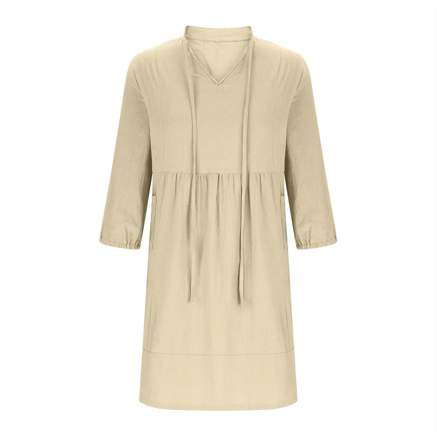 Womens Drawstring V Neck Long Sleeve Dresses Summer Casual 3/4 Sleeve Flowy Mini Dress Simple A Line Shift Dress