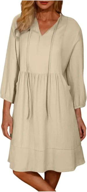 Womens Drawstring V Neck Long Sleeve Dresses Summer Casual 3/4 Sleeve Flowy Mini Dress Simple A Line Shift Dress