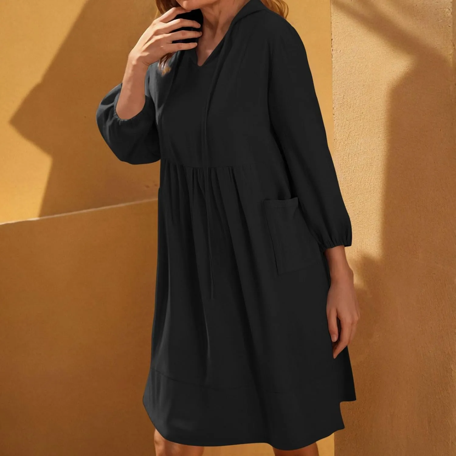 Womens Drawstring V Neck Long Sleeve Dresses Summer Casual 3/4 Sleeve Flowy Mini Dress Simple A Line Shift Dress