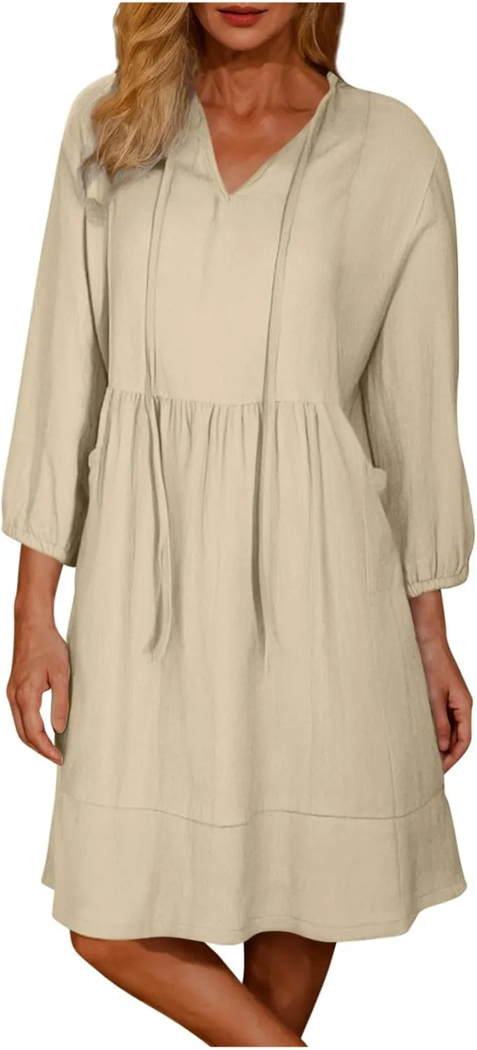 Womens Drawstring V Neck Long Sleeve Dresses Summer Casual 3/4 Sleeve Flowy Mini Dress Simple A Line Shift Dress