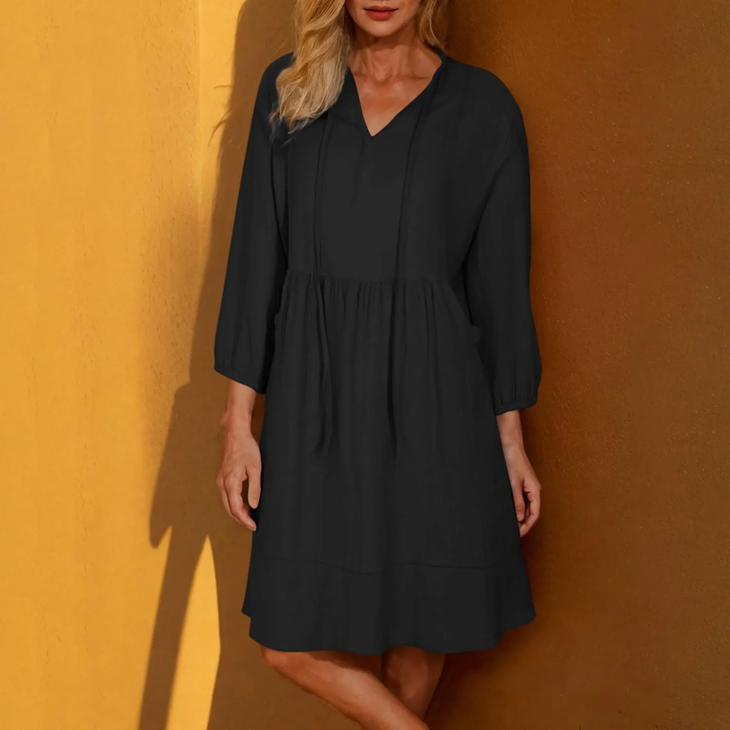 Womens Drawstring V Neck Long Sleeve Dresses Summer Casual 3/4 Sleeve Flowy Mini Dress Simple A Line Shift Dress
