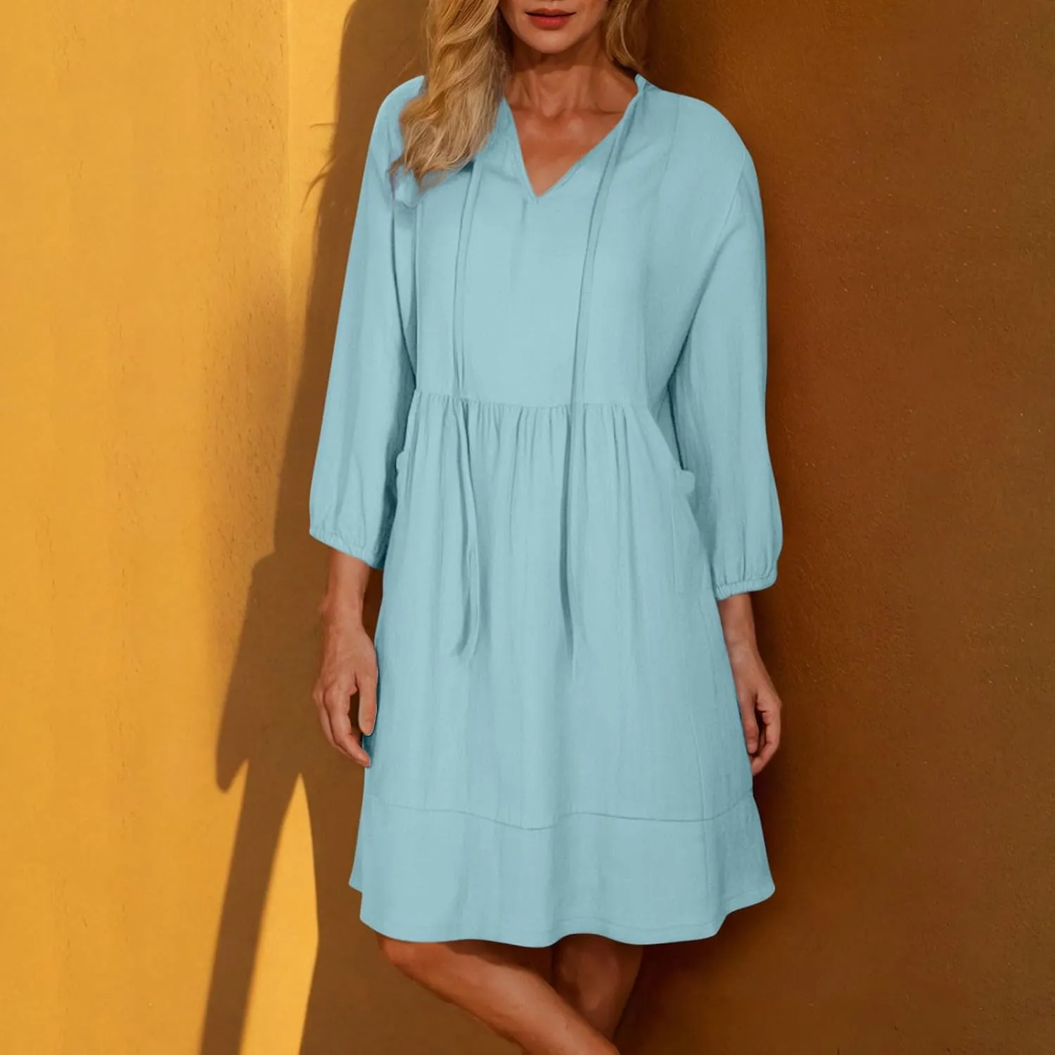 Womens Drawstring V Neck Long Sleeve Dresses Summer Casual 3/4 Sleeve Flowy Mini Dress Simple A Line Shift Dress