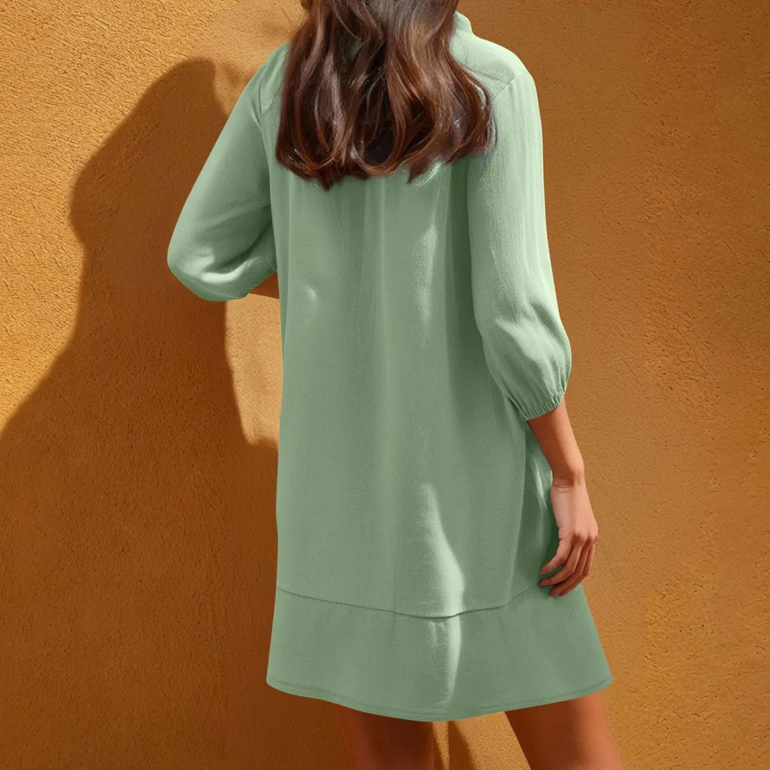 Womens Drawstring V Neck Long Sleeve Dresses Summer Casual 3/4 Sleeve Flowy Mini Dress Simple A Line Shift Dress