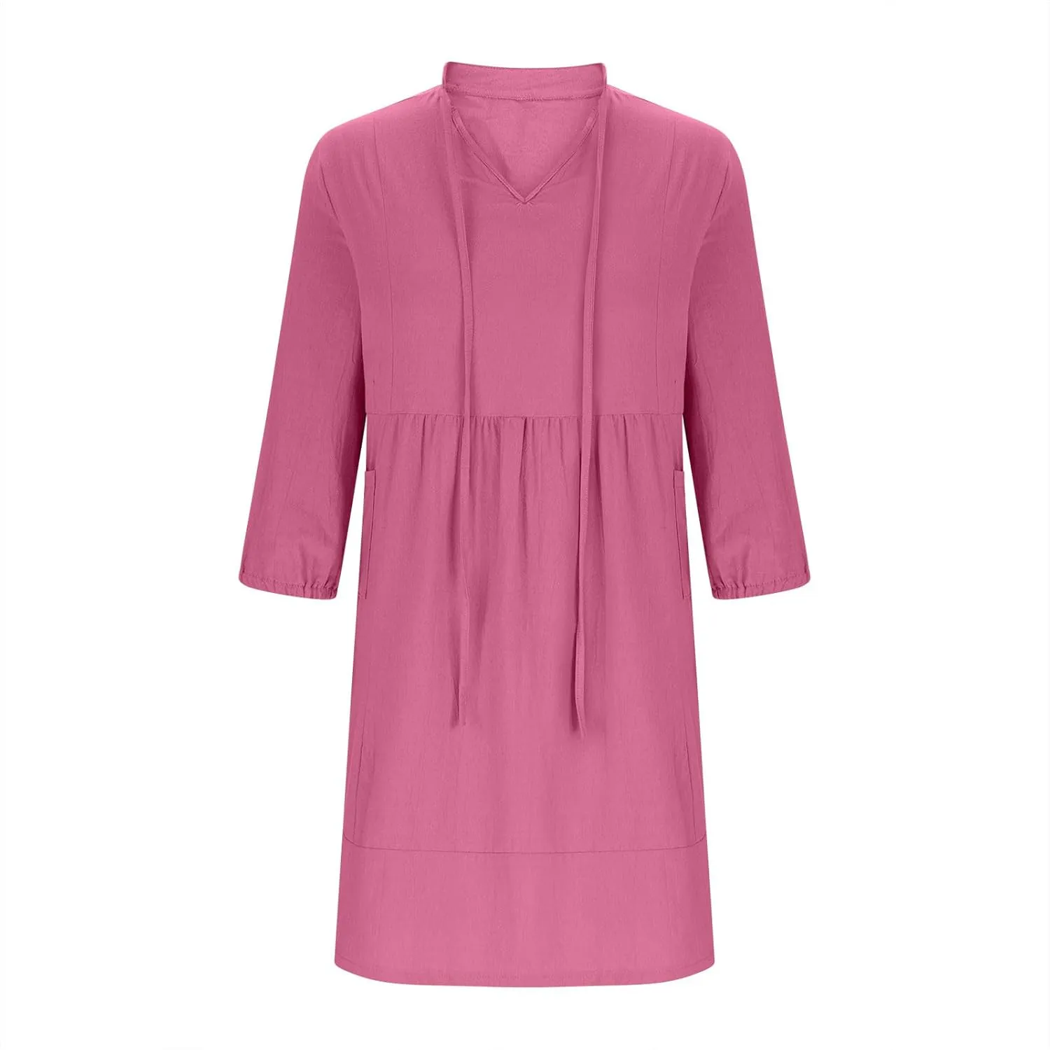 Womens Drawstring V Neck Long Sleeve Dresses Summer Casual 3/4 Sleeve Flowy Mini Dress Simple A Line Shift Dress