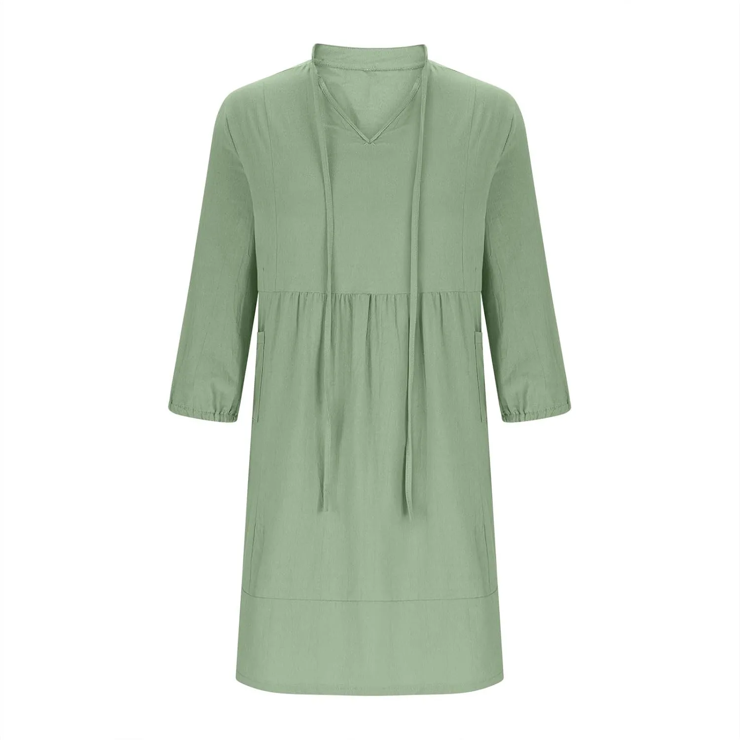 Womens Drawstring V Neck Long Sleeve Dresses Summer Casual 3/4 Sleeve Flowy Mini Dress Simple A Line Shift Dress