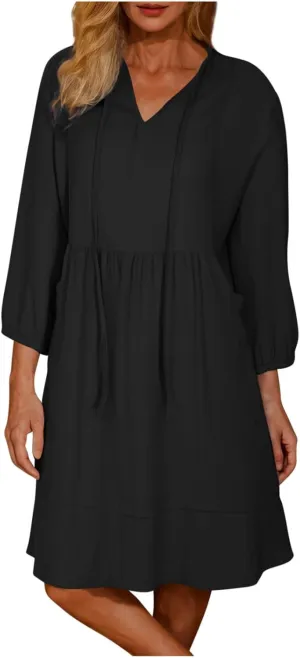 Womens Drawstring V Neck Long Sleeve Dresses Summer Casual 3/4 Sleeve Flowy Mini Dress Simple A Line Shift Dress
