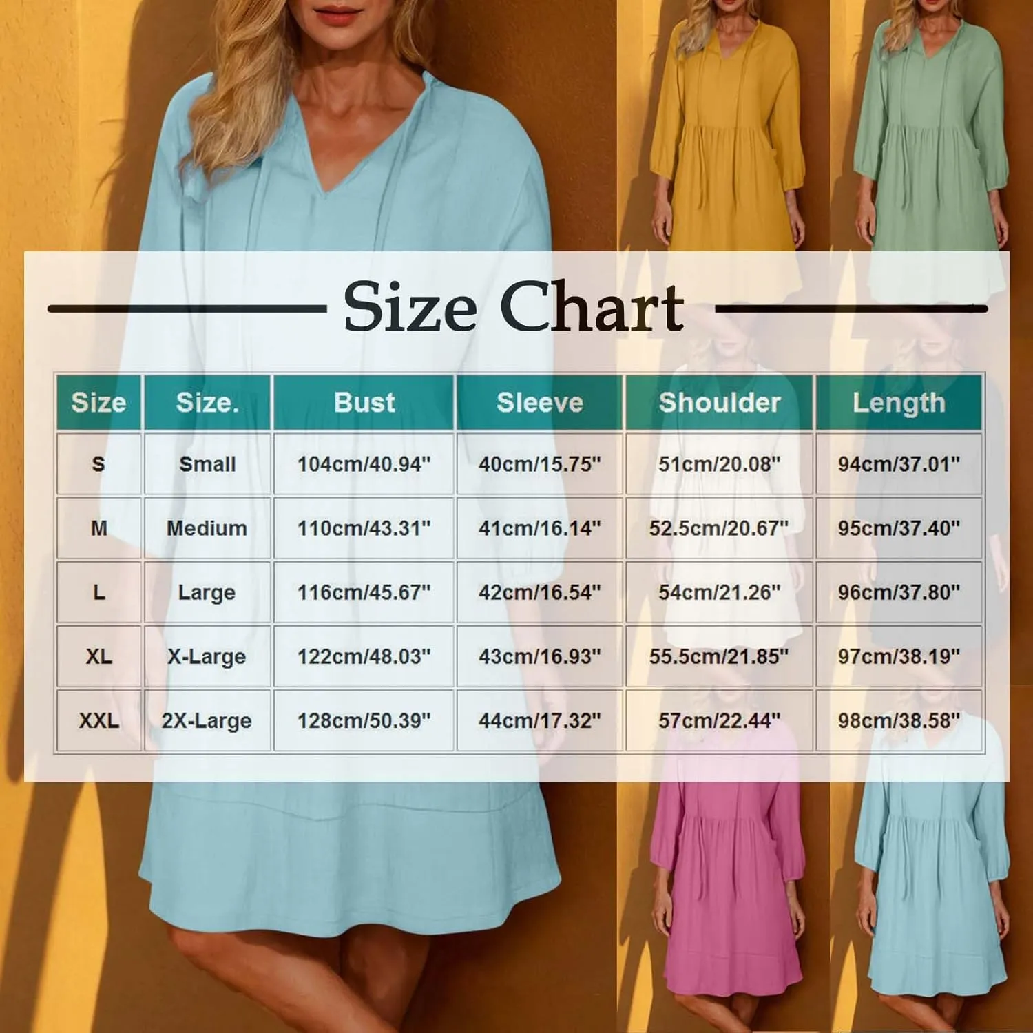 Womens Drawstring V Neck Long Sleeve Dresses Summer Casual 3/4 Sleeve Flowy Mini Dress Simple A Line Shift Dress