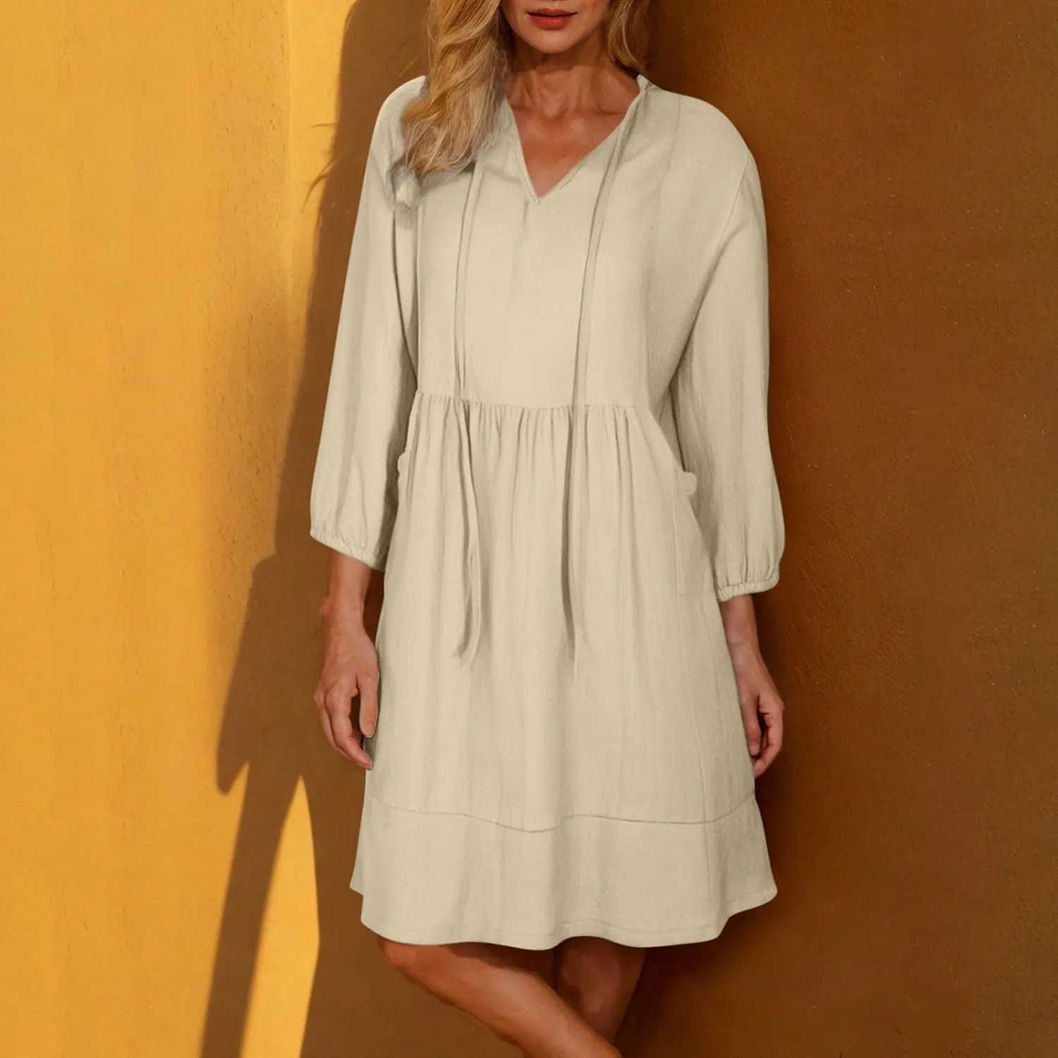 Womens Drawstring V Neck Long Sleeve Dresses Summer Casual 3/4 Sleeve Flowy Mini Dress Simple A Line Shift Dress