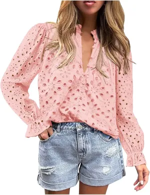 Women's Dressy Casual Blouse Tops Fall Puff Long Sleeve Button V Neck Hollow Out Lace Embroidered Shirts