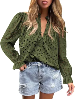Women's Dressy Casual Blouse Tops Fall Puff Long Sleeve Button V Neck Hollow Out Lace Embroidered Shirts