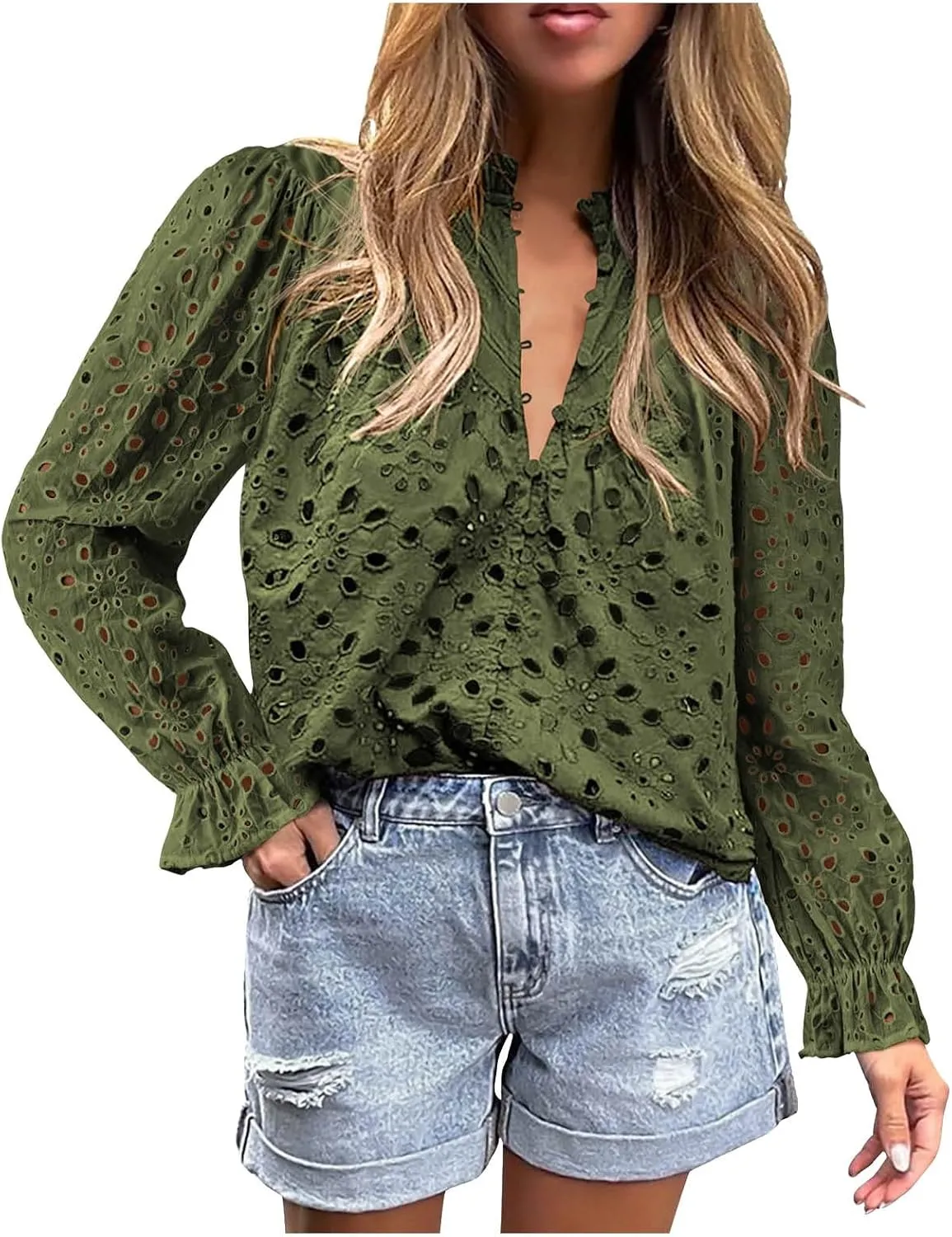 Women's Dressy Casual Blouse Tops Fall Puff Long Sleeve Button V Neck Hollow Out Lace Embroidered Shirts