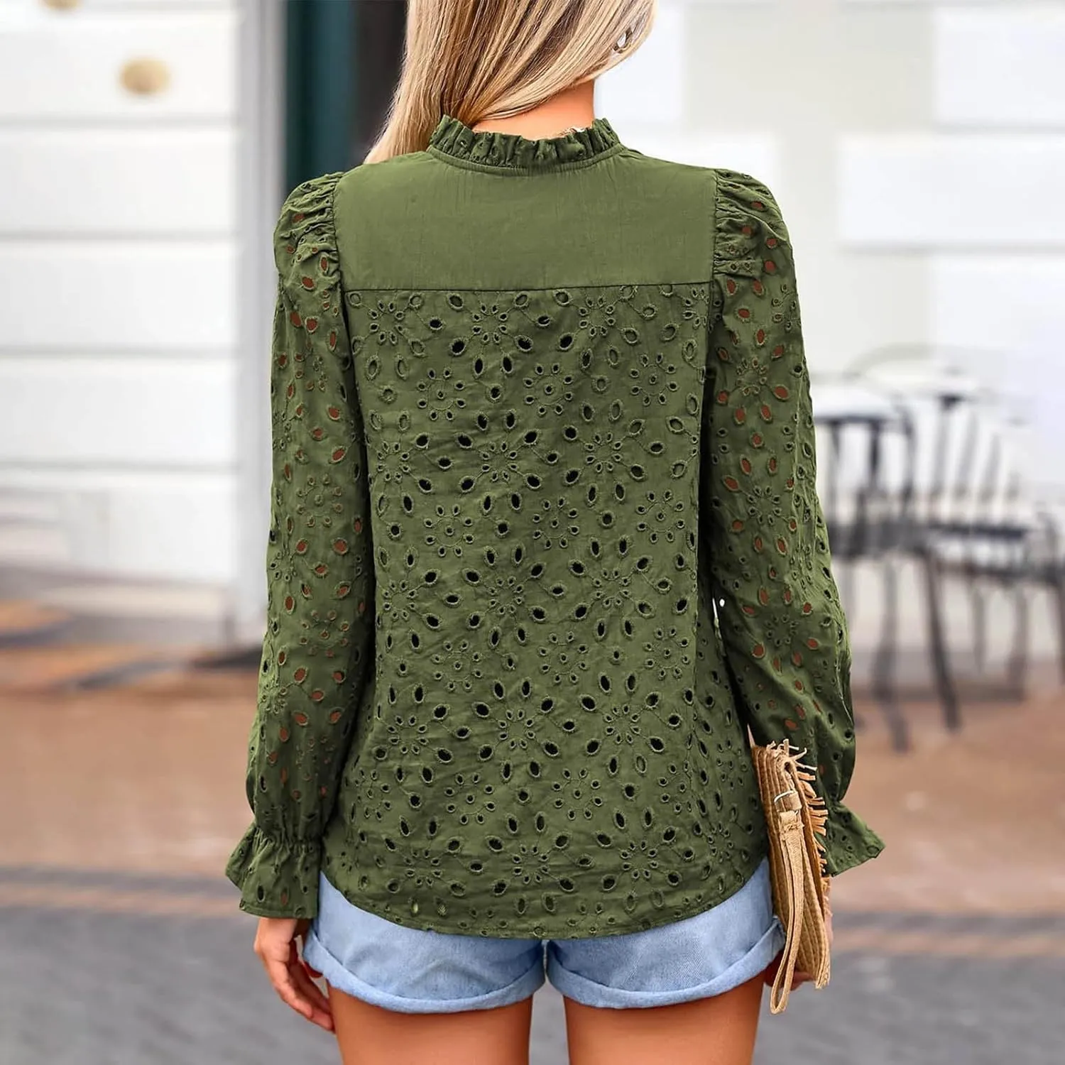 Women's Dressy Casual Blouse Tops Fall Puff Long Sleeve Button V Neck Hollow Out Lace Embroidered Shirts
