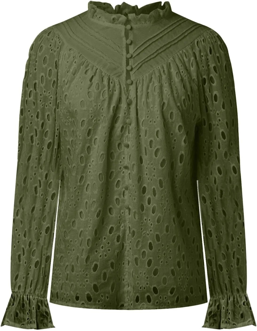 Women's Dressy Casual Blouse Tops Fall Puff Long Sleeve Button V Neck Hollow Out Lace Embroidered Shirts